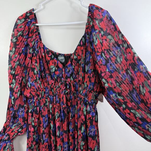 Arula New Black Floral Pleated Mini Dress 1X Long Balloon Sleeve Ruffle Cuffs - Picture 8 of 15